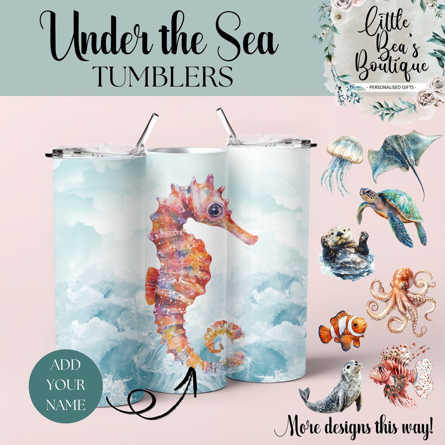 Under the Sea Water Creatures Collection Tumbler Hot/Cold Drinks Bottle with Straw - Stainless Steel Insulated Drink Water Bottle - 15oz / 20oz With Straw Bottle Tea Coffee Travel Cup