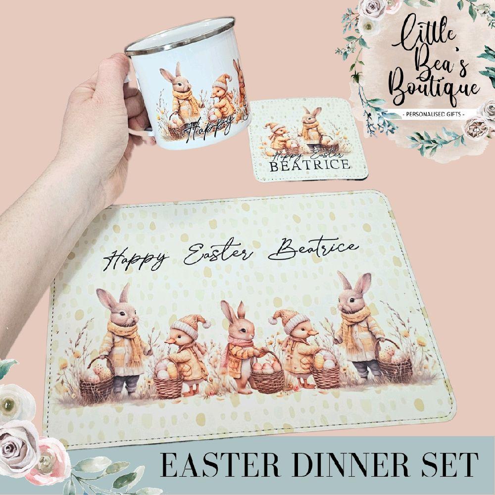 Easter Dinner Table Set Placemats - 3 Piece Bundle with Customised Named Enamel Mug, Placemat & Coaster - Tableware - Add Any name, Easter Gifts for Kids