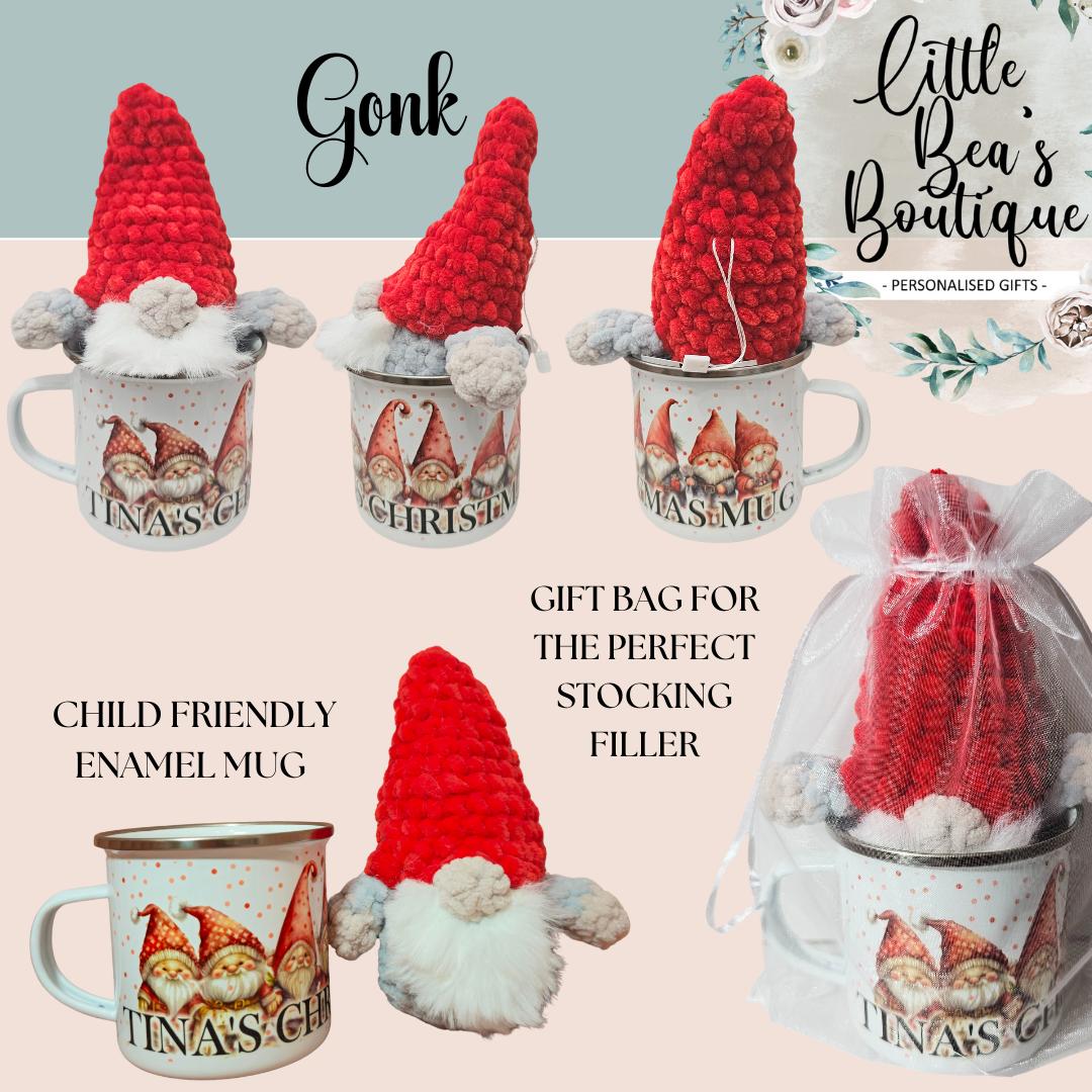 Christmas Mug & Plush Gift Set | Personalised Enamel Mug & Gonk, Penguin or Gingerbread Man