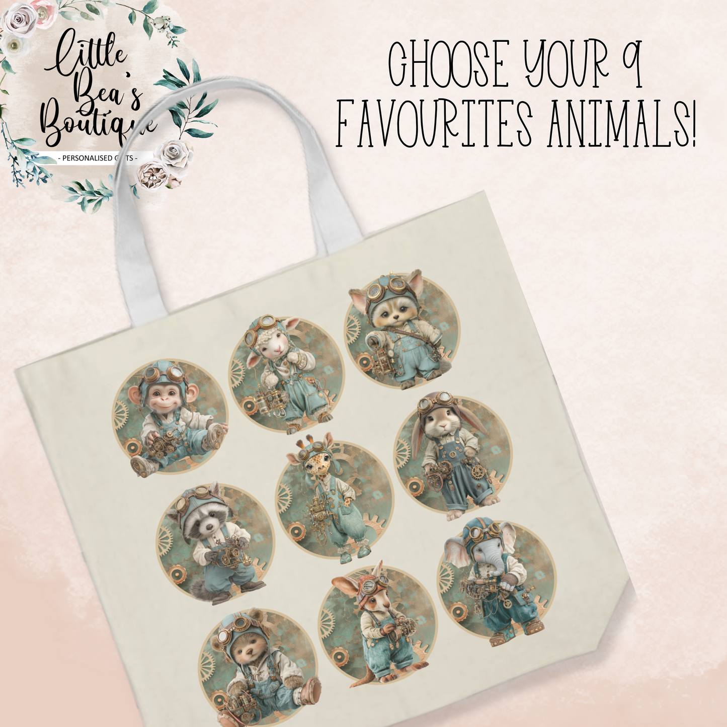 Steam Punk Animal Collection Luxury Linen Tote Bag | Choose 9 Animals!