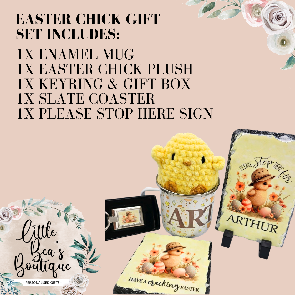 Kids Customised Easter Gift Set | Personalised Enamel Mug, Chick or Bunny Plush, Stop Here Sign, Coaster, Keyring, Easter Gifts for Children