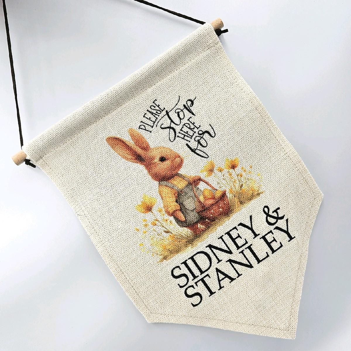 Personalised Easter Bunny Sign | Easter Pennant Flag, Easter Bunny Stop Here Sign, Easter Box Gift, Name Easter Present, Easter Bunny Gift