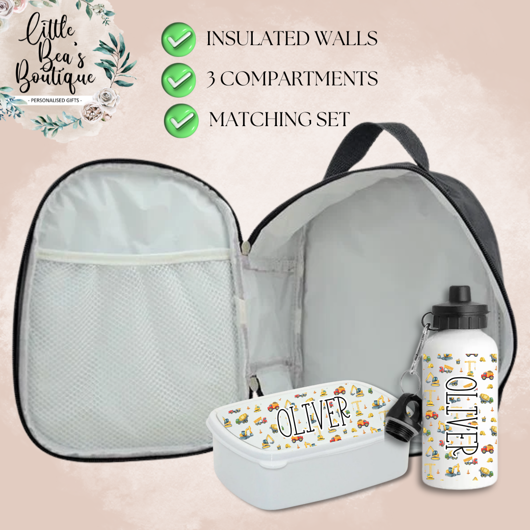 Customised Kids School Set - Lunch Bag, Lunch Box and Stainless Steel Insulated Drink Water Bottle Set - Add Any Name (Copy)