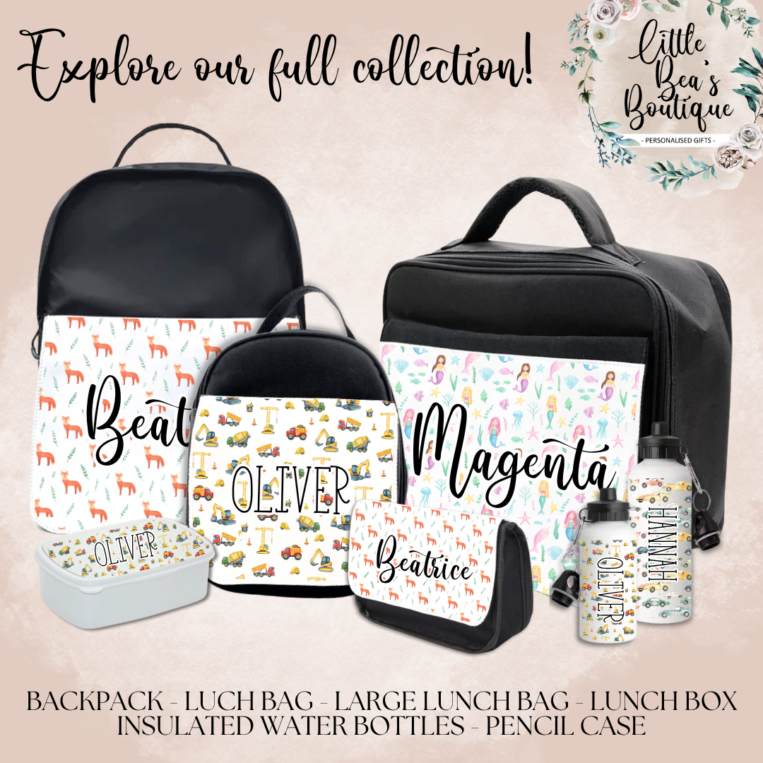 Customised Kids School Set - Lunch Bag, Lunch Box and Stainless Steel Insulated Drink Water Bottle Set - Add Any Name (Copy)