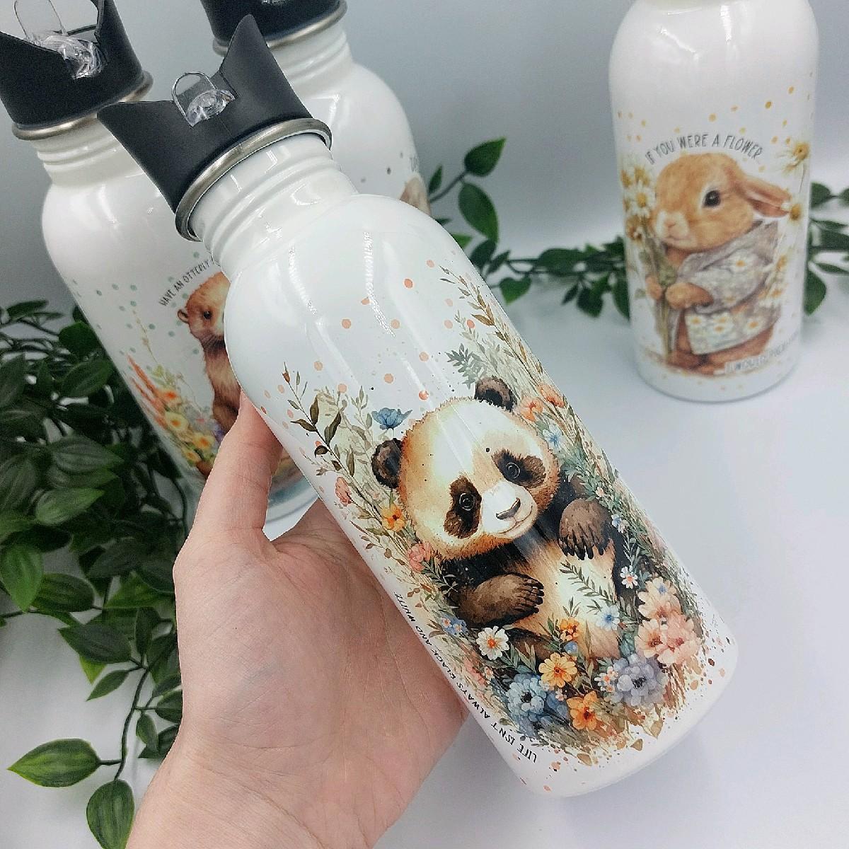 Floral Animal Water Bottle - Leakproof Insulated Straw Bottle Drinkware Plastic Silicone Stainless Steel Flasks Tumbler Portable Mug Washable Reusable
