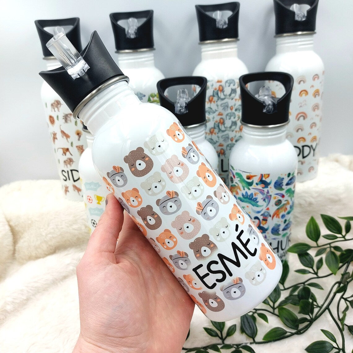 PERSONALISED KIDS WATER Bottle | School Water Bottle, Personalized Toddler Bottle, Boys Girls Water Bottle for Nursery, Rainbow, Dinosaurs