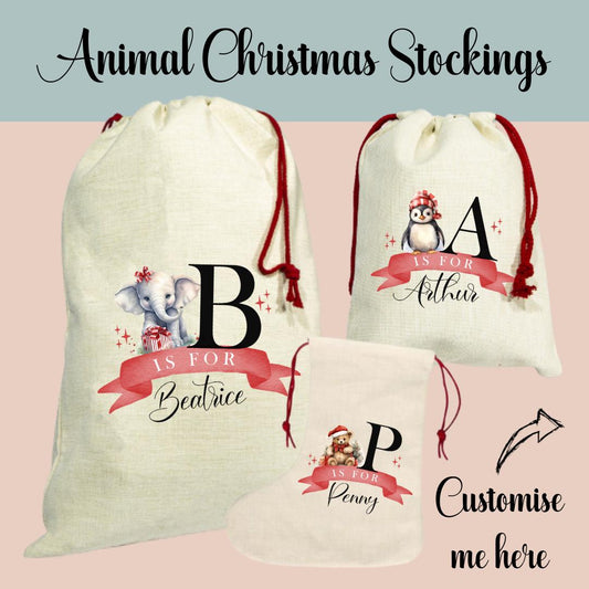 Customised Matching Family Christmas Animals Santa Sack & Stocking Set