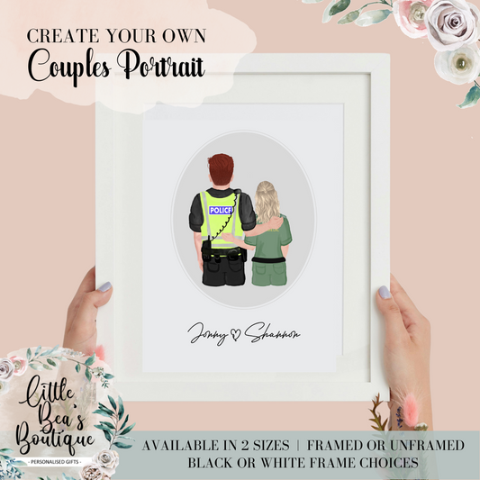 Personalised Couple Portrait Print | Uniform or Non Uniform, A4 A3 Valentines Day Gift for Girlfriend Boyfriend Husband Wife, Firefighter, Paramedic Gift, Police and Nurse Couple Gift