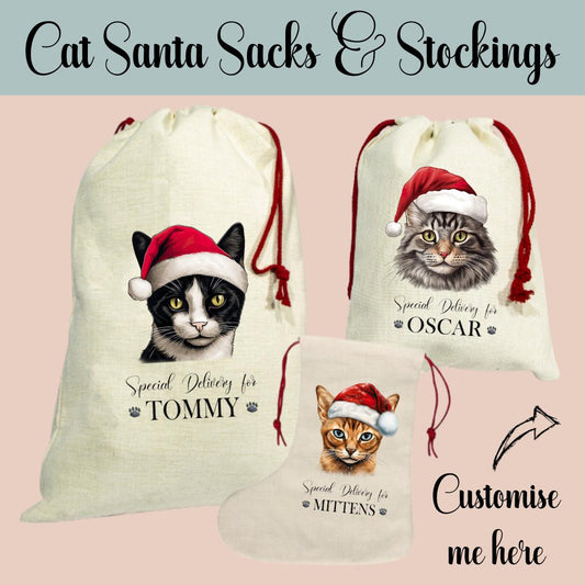 Customised Pet Cat Christmas Santa Sack & Stocking, Choose Your Breed, Christmas Gift for Cats, Kitten Festive Santa Sack
