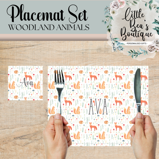 Personalised Animals Placemat and Coaster Set, Wipeable PU Material Kid's Dinner Set, Woodland Animals Gift, Rabbits Foxes Bears Children's Birthday Gift, Child's Placemat