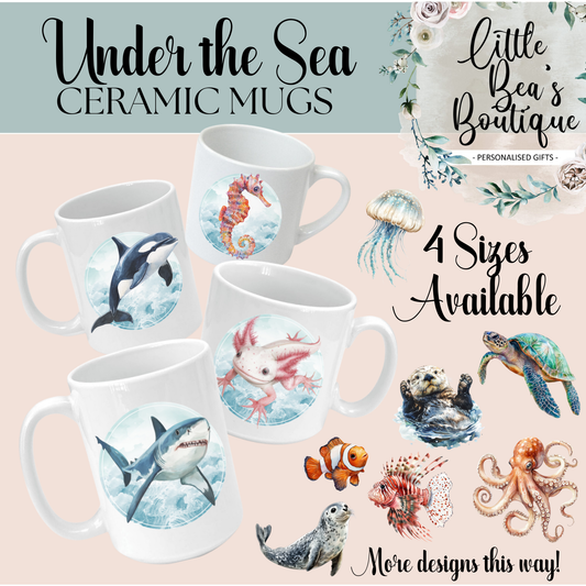 Under The Sea Water Creatures Collection Mug - 4 Sizes Available - Ceramic Drinkware Handled Mug Gift Set 24 Creatures to Choose From - Penguin, Orca Whale, Dolphin, Seahorse, Otter Drinkware