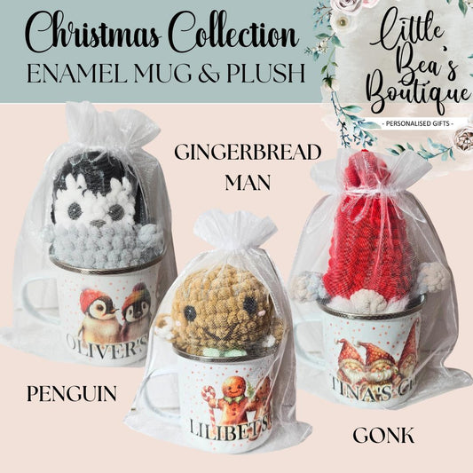 Christmas Mug & Plush Gift Set | Personalised Enamel Mug & Gonk, Penguin or Gingerbread Man