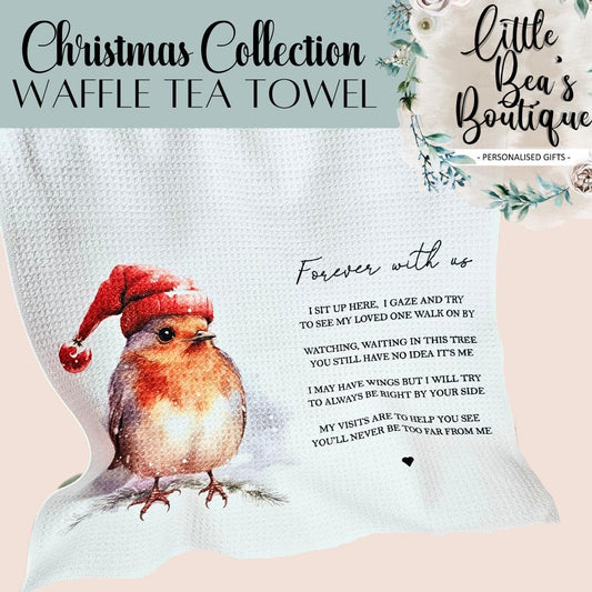 Christmas Robin Waffle Effect Tea Towel with Poem - Christmas Festive Kitchenware