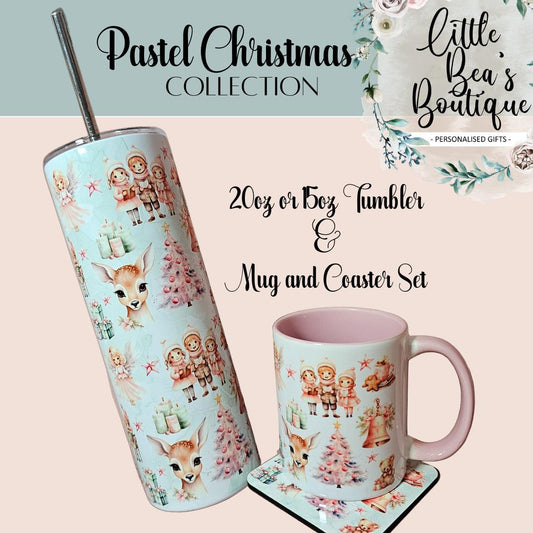 Christmas Pastel Pink & Mint Tumbler and Mug & Coaster Set Insulated Tumbler Water Bottle Hot or Cold Drinks