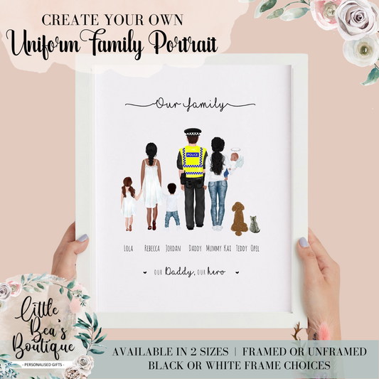 Personalised Family Uniform Portrait Print | Uniform or Non Uniform, A4 A3 Special Family Gift for Mum Dad Girlfriend Boyfriend Husband Wife, Firefighter, Paramedic Gift, Police and Nurse Couple Gift