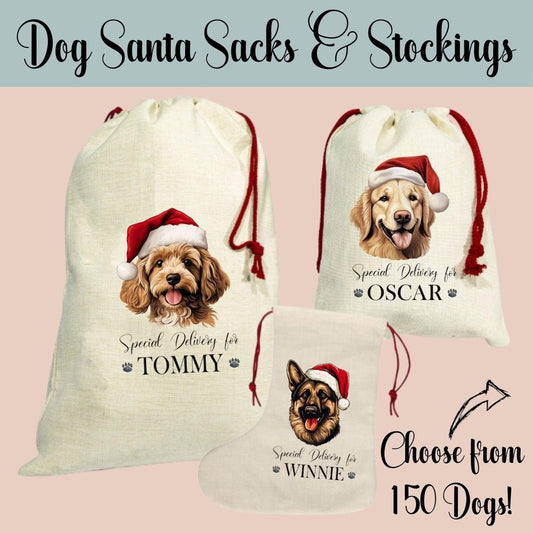 Customised Pet Dog Christmas Santa Sack & Stocking, Choose Your Breed, Christmas Gift for Puppy Festive Santa Sack
