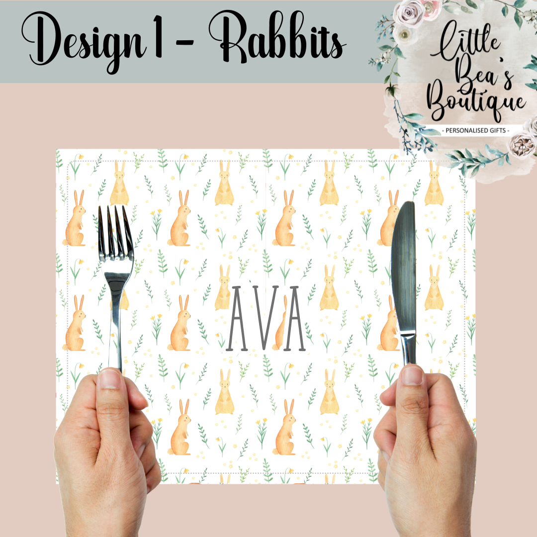 Personalised Animals Placemat and Coaster Set, Wipeable PU Material Kid's Dinner Set, Woodland Animals Gift, Rabbits Foxes Bears Children's Birthday Gift, Child's Placemat
