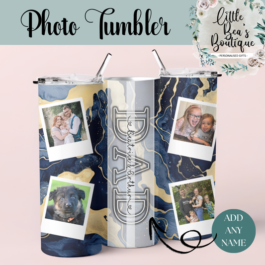 Customised Dad Photo Hot or Cold Drink Tumbler Flask - Add Any Name + Photos - Personalised Daddy Dad Grandad - Hot/Cold Drinks Bottle with Straw - Stainless Steel Insulated Drink Water Bottle - 15oz / 20oz With Straw Bottle Tea Coffee Travel Cup