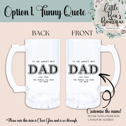 Customised Dad Grandad Glass Stein, Personalised Beer Glass for Fathers Day, Custom Pint Glass, Funny Gift for Dad, Wedding Favor Gift for Him, Step Dad