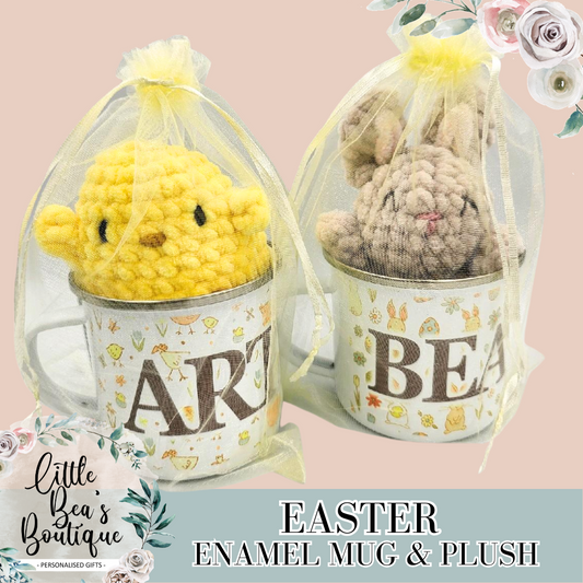 Kids Customised Easter Gift Set | Personalised Enamel Mug, Chick or Bunny Plush, Stop Here Sign, Coaster, Keyring, Easter Gifts for Children