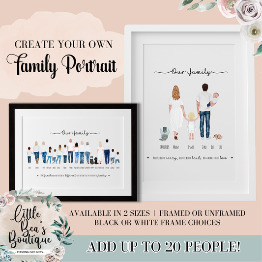 Personalised Family Portrait Print | Family Illustration Print, Custom Drawing Picture, Gift for Dad, Christmas Gift For Mum Home Wall Art Up to 20 People