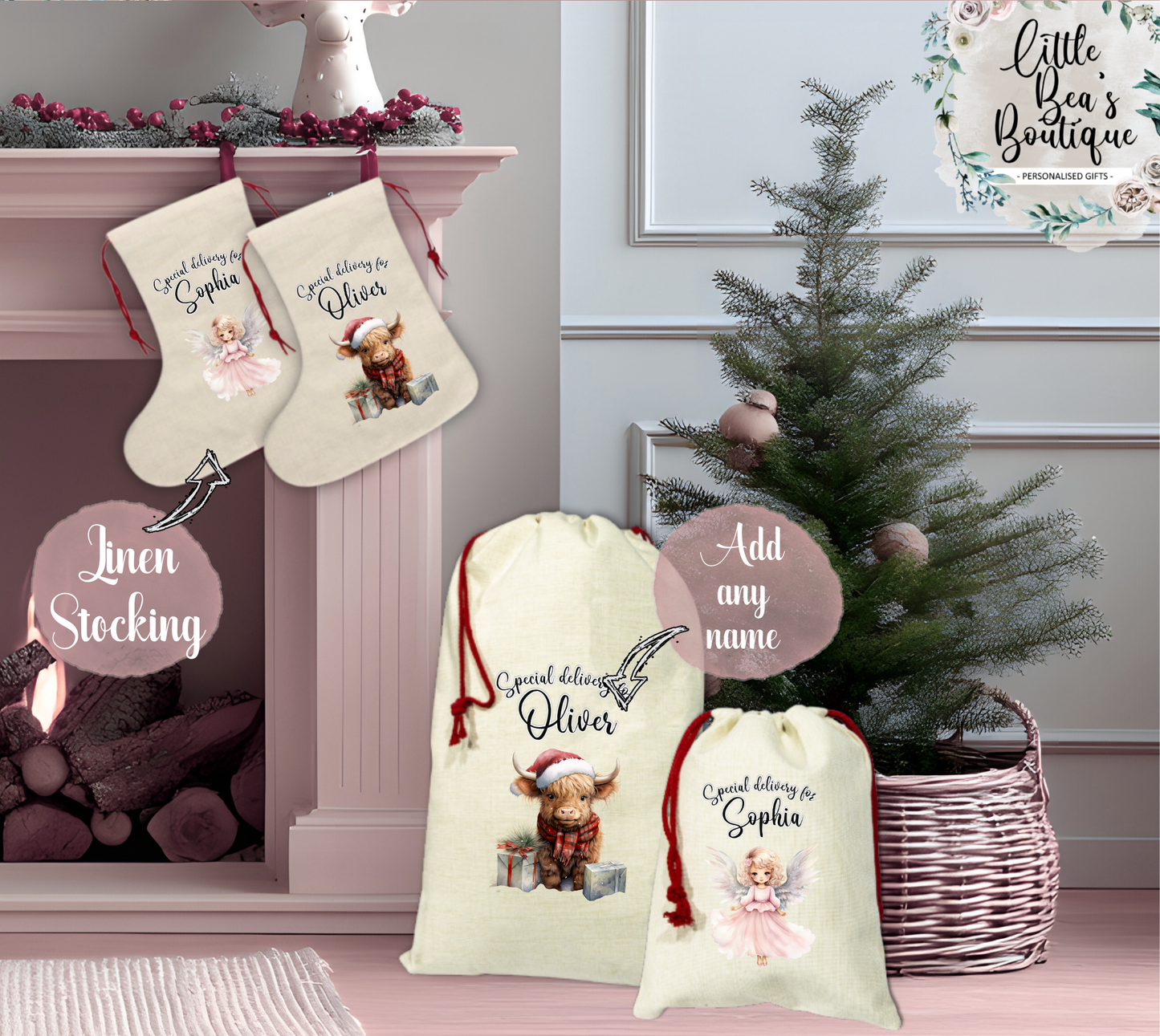 Personalised Christmas Set - Santa Sack, Medium or Large and Matching Stocking