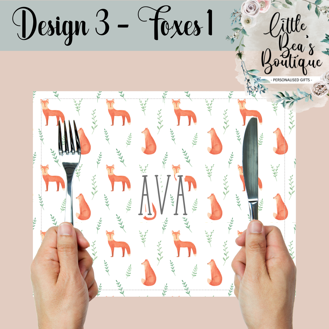 Personalised Animals Placemat and Coaster Set, Wipeable PU Material Kid's Dinner Set, Woodland Animals Gift, Rabbits Foxes Bears Children's Birthday Gift, Child's Placemat