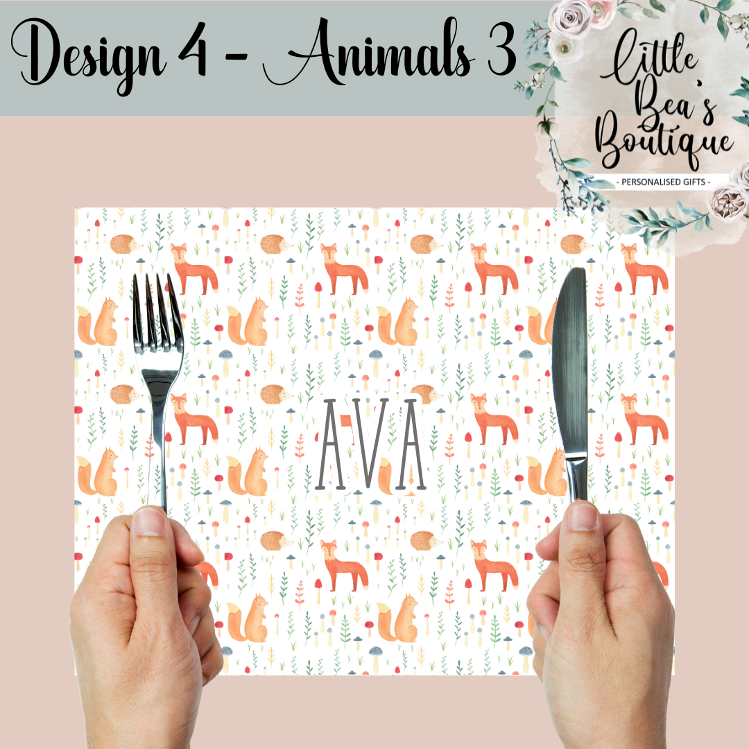 Personalised Animals Placemat and Coaster Set, Wipeable PU Material Kid's Dinner Set, Woodland Animals Gift, Rabbits Foxes Bears Children's Birthday Gift, Child's Placemat