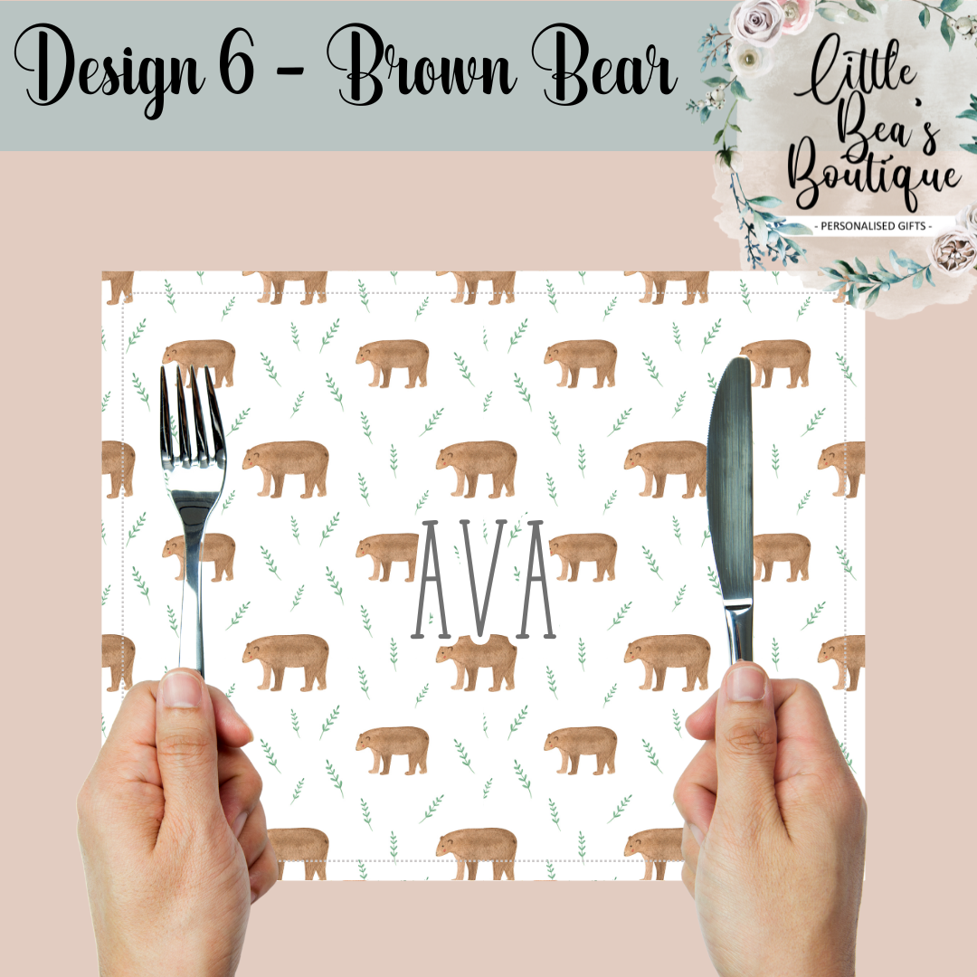 Personalised Animals Placemat and Coaster Set, Wipeable PU Material Kid's Dinner Set, Woodland Animals Gift, Rabbits Foxes Bears Children's Birthday Gift, Child's Placemat