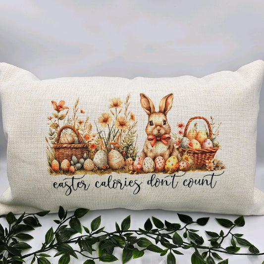 EASTER BUNNY CUSHION | "Easter Calories Don't Count" Fun Novelty Easter Cushion Home Decor Easter Eggs Linen Cushion Insert and Cover