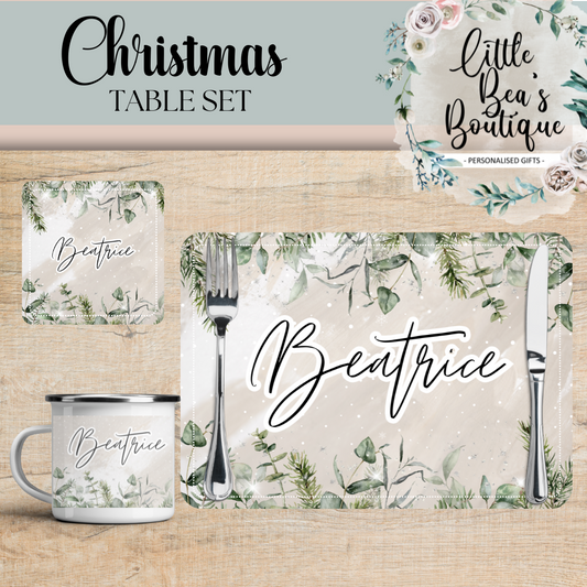 Personalised Christmas Placemat and Coaster Set, Wipeable PU Dinner Set