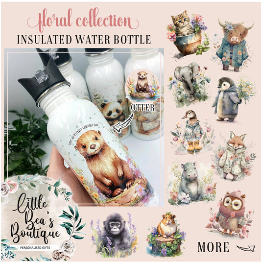 Floral Animal Water Bottle - Leakproof Insulated Straw Bottle Drinkware Plastic Silicone Stainless Steel Flasks Tumbler Portable Mug Washable Reusable