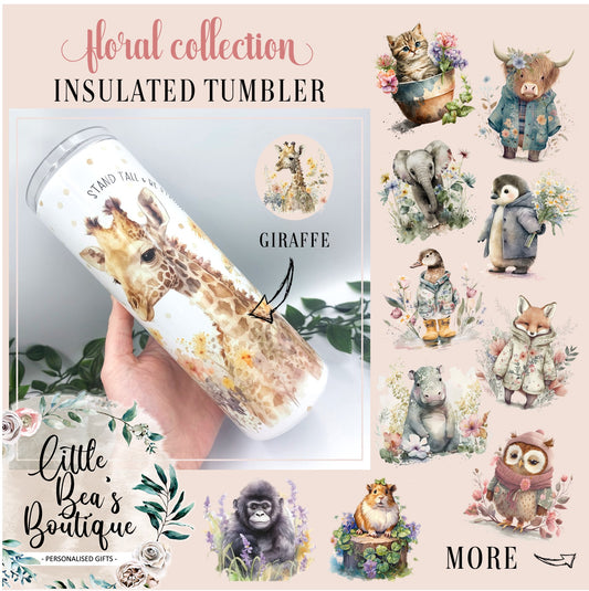 Floral Animal Collection Tumbler Hot/Cold Drinks Bottle with Straw - Stainless Steel Insulated Drink Water Bottle - 15oz / 20oz With Straw Bottle Tea Coffee Travel Cup
