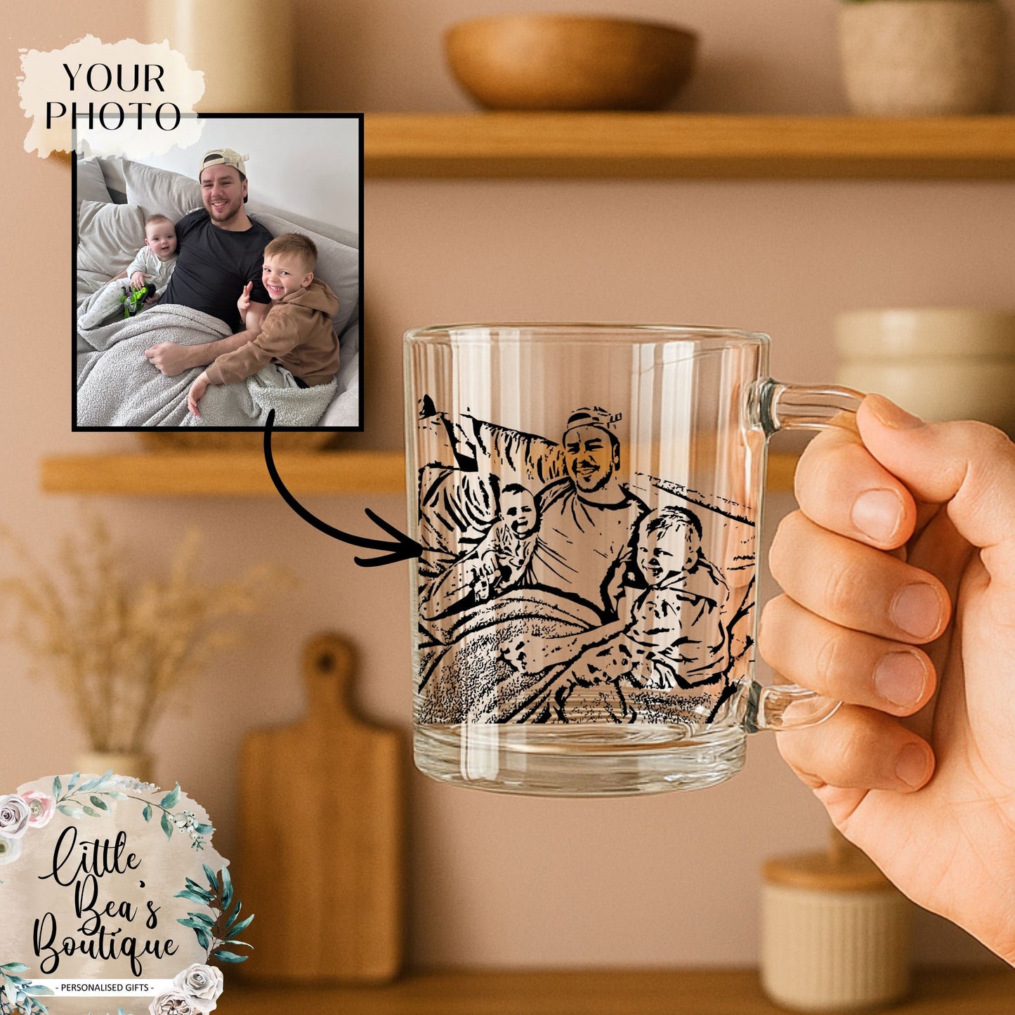 Custom Photo Line Art Clear Glass Minimalist Mug – Personalised 10oz Coffee Cup Gift for Dad for Fathers Day