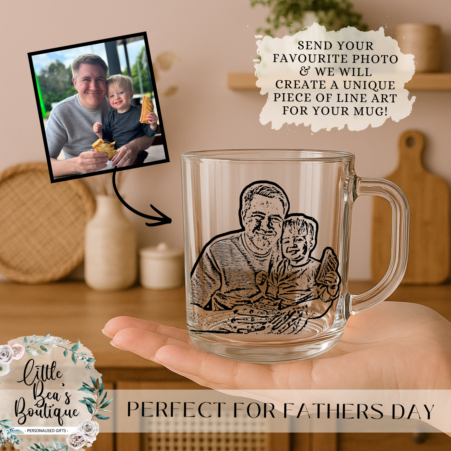 Custom Photo Line Art Clear Glass Minimalist Mug – Personalised 10oz Coffee Cup Gift for Dad for Fathers Day