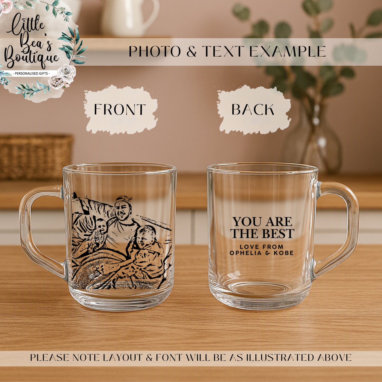 Custom Photo Line Art Clear Glass Minimalist Mug – Personalised 10oz Coffee Cup Gift for Dad for Fathers Day