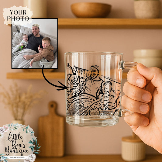 Custom Photo Line Art Clear Glass Minimalist Mug – Personalised 10oz Coffee Cup Gift for Dad for Fathers Day