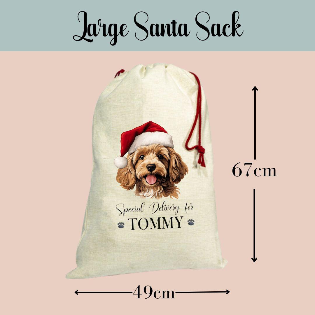 Customised Pet Dog Christmas Santa Sack & Stocking, Choose Your Breed, Christmas Gift for Puppy Festive Santa Sack