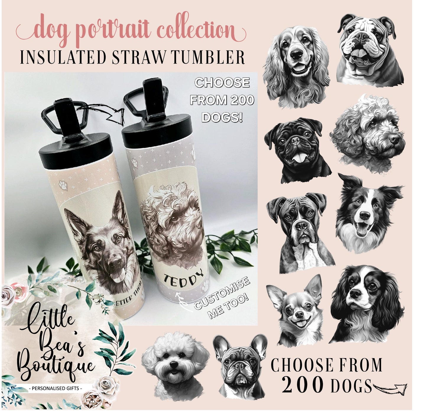 CHOOSE YOUR DOG BREED Straw Tumbler with Handle - 200 Dogs to Choose From - Customised with Name, Water Drinks Bottle Drinkware Lid Plastic Steel Water Bottles Insulated Stainless Reusable Washable Mug Portable