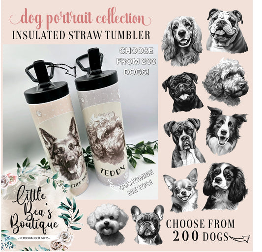 CHOOSE YOUR DOG BREED Straw Tumbler with Handle - 200 Dogs to Choose From - Customised with Name, Water Drinks Bottle Drinkware Lid Plastic Steel Water Bottles Insulated Stainless Reusable Washable Mug Portable