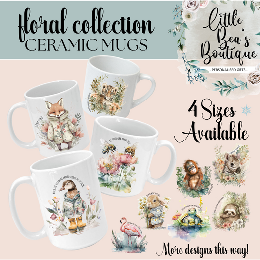 Floral Animal Collection Mug - 4 Sizes Available - Ceramic Drinkware Handled Mug Gift Set 40 Animals to Choose From - Penguin, Highland Cow, Elephant, Giraffe, Bees, Owl, Duck Drinkware Printed