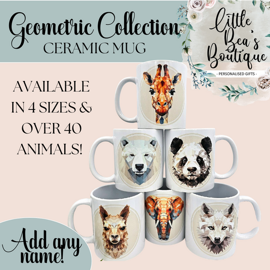 Geometric Animal Collection Mug - 4 Sizes Available - Ceramic Drinkware Handled Mug Gift Set 40 Animals to Choose From - Penguin, Highland Cow, Elephant, Giraffe, Bees, Owl, Duck Drinkware Printed