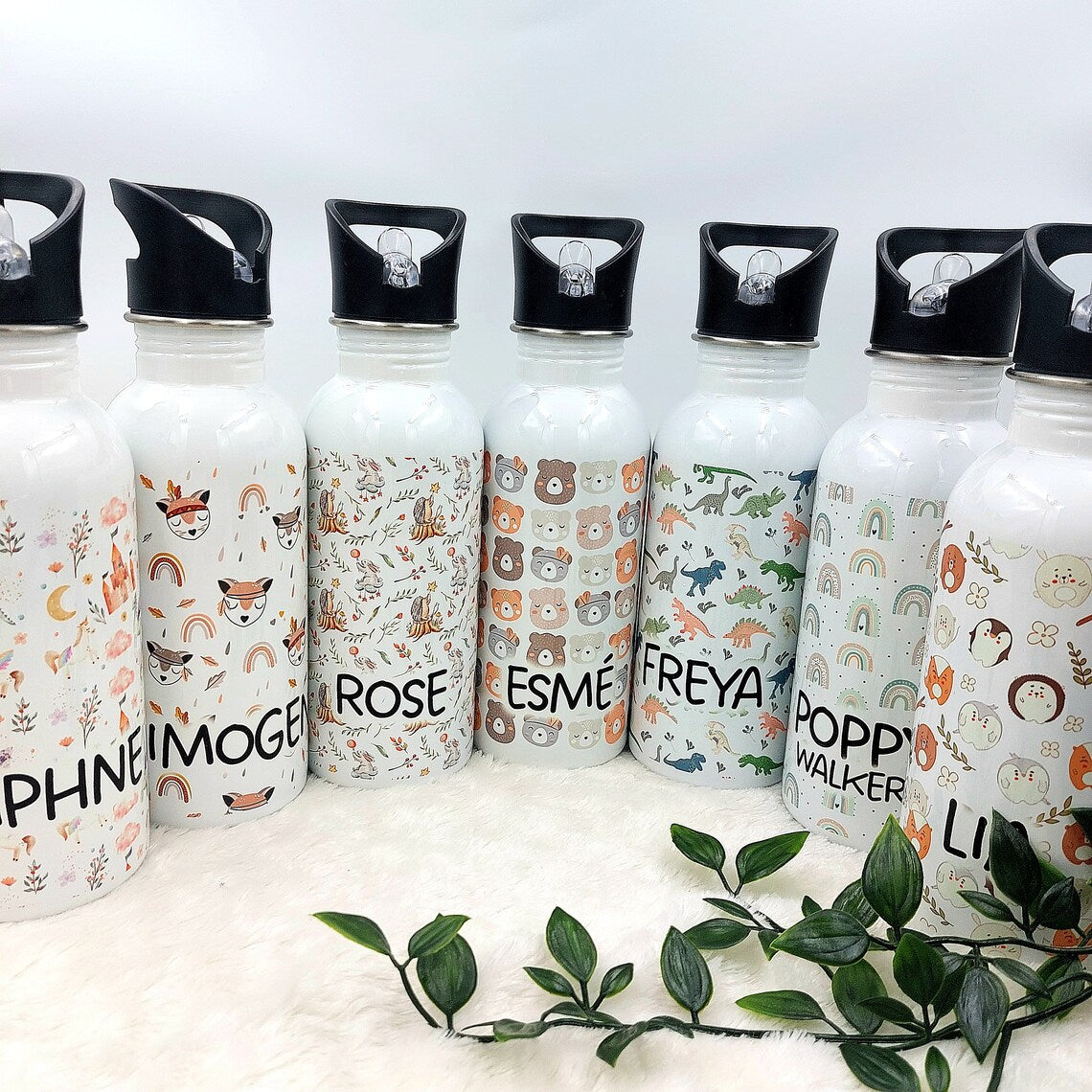 PERSONALISED KIDS WATER Bottle | School Water Bottle, Personalized Toddler Bottle, Boys Girls Water Bottle for Nursery, Rainbow, Dinosaurs