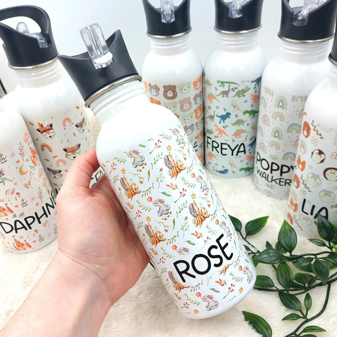 PERSONALISED KIDS WATER Bottle | School Water Bottle, Personalized Toddler Bottle, Boys Girls Water Bottle for Nursery, Rainbow, Dinosaurs