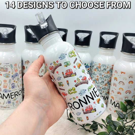 PERSONALISED KIDS WATER Bottle | School Water Bottle, Personalized Toddler Bottle, Boys Girls Water Bottle for Nursery, Rainbow, Dinosaurs