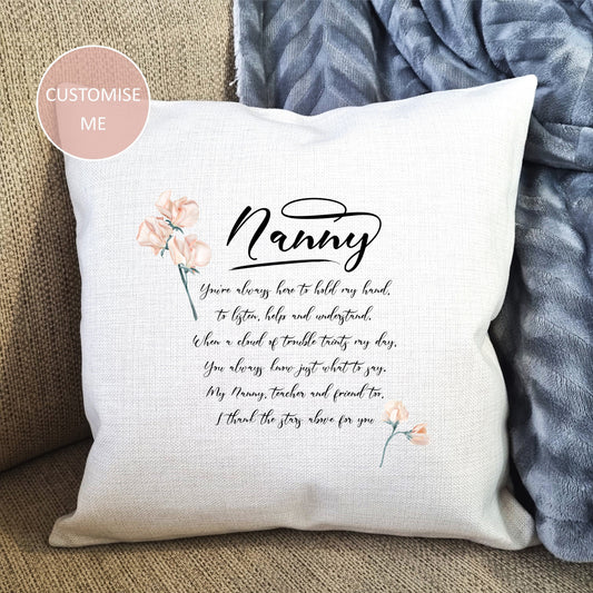 Personalised Cushion for Nan Grandma | Linen Cushion Cover 40cm x 40cm, Birthday Gift for Nan, Gift for Grandma Nanny Mum Custom Cushion for Grandma