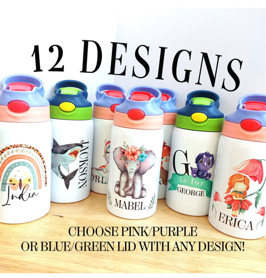 Personalised Kids Water Bottle | School Water Bottle, Personalized Toddler Bottle, Boys Girls Water Bottle for Nursery, Rainbow, Dinosaurs