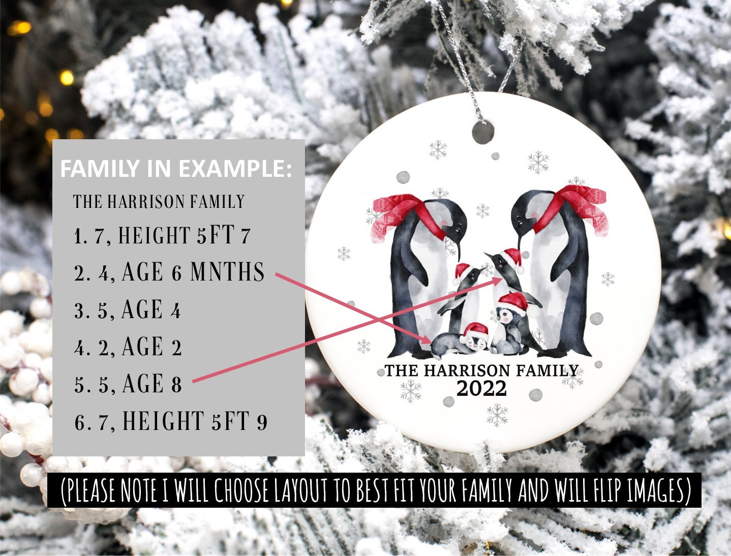 PERSONALISED FAMILY CHRISTMAS Penguin Bauble Family Christmas Tree Ornament, Christmas Tree Decoration for Family, Family Christmas Portrait