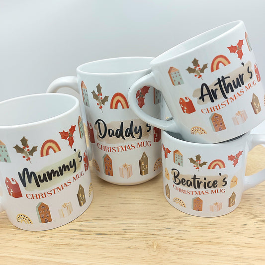 PERSONALISED FAMILY CHRISTMAS Mug Set, Twinning Mugs, Mug Gift Sets, Gift for Mummy, Kids Mini Mugs Christmas Eve Box Mug, Reindeer Festive