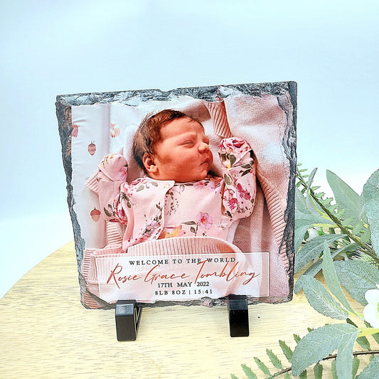 Personalised New Baby Photo Slate | Baby Birth Announcement Slate Plaque, Photo Slate Gift for New Mum, Photo Picture Slate With Stands